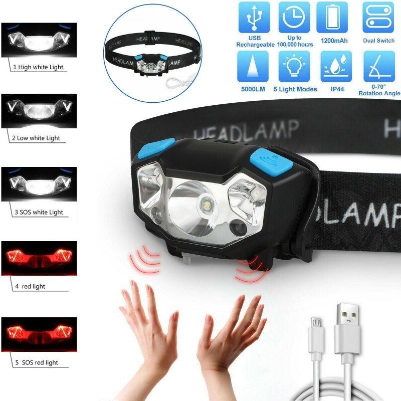 Headlamps |   Wholesale 5000lm Led Headlight 5 Modes Ipx4 Waterproof Usb Rechargeable Motion Sensor Head Band Lamp Flashlight black Headlamps Black