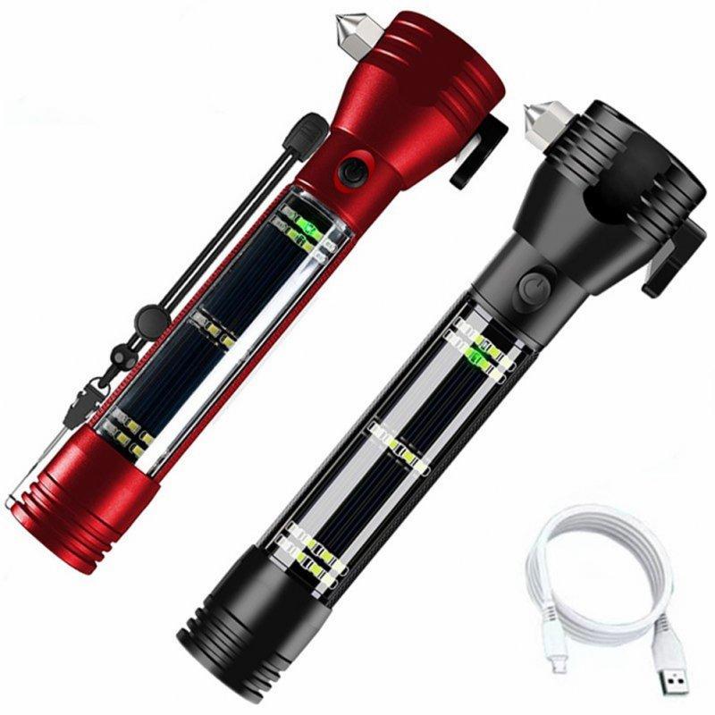 LED Flashlights |   Wholesale 10 In 1 Multi Function Flash Light, USB Rechargeable Solar Powered Flashlight With Glass Breaker Seatbelt Cutter, 7 Modes Flashlight Camping Lights red LED Flashlights LED Flashlights