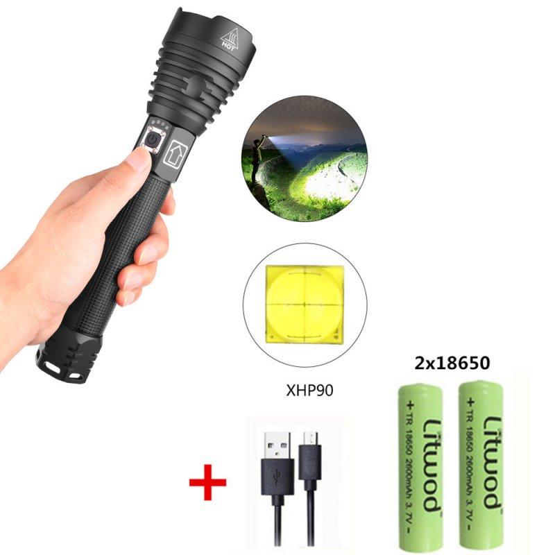 LED Flashlights |   Wholesale XHP90 LED 3 Modes Dimming Flashlight High Brightness USB Charging Torch with 2 Batteries black_2x18650 battery LED Flashlights Black + 2x18650 battery