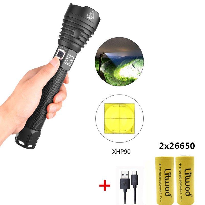 LED Flashlights |   Wholesale XHP90 LED 3 Modes Dimming Flashlight High Brightness USB Charging Torch with 2 Batteries black_2x26650 battery LED Flashlights Black + 2x26650 battery