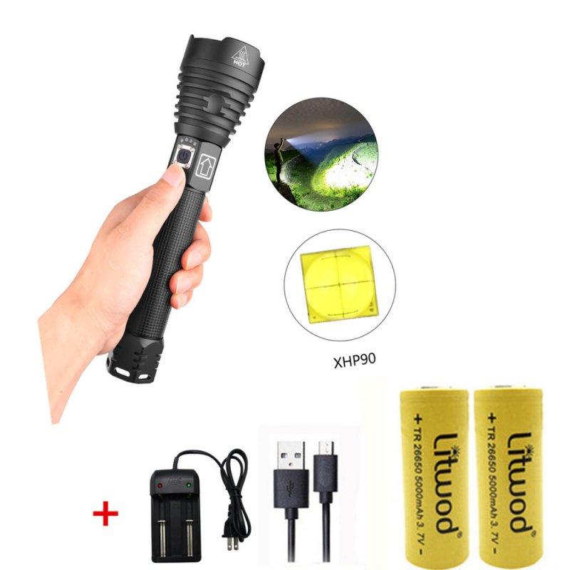 LED Flashlights |   Wholesale XHP90 LED 3 Modes Dimming Flashlight High Brightness USB Charging Torch with 2 Batteries Charger black_2 batteries + charger LED Flashlights Black + 2 batteries + charger