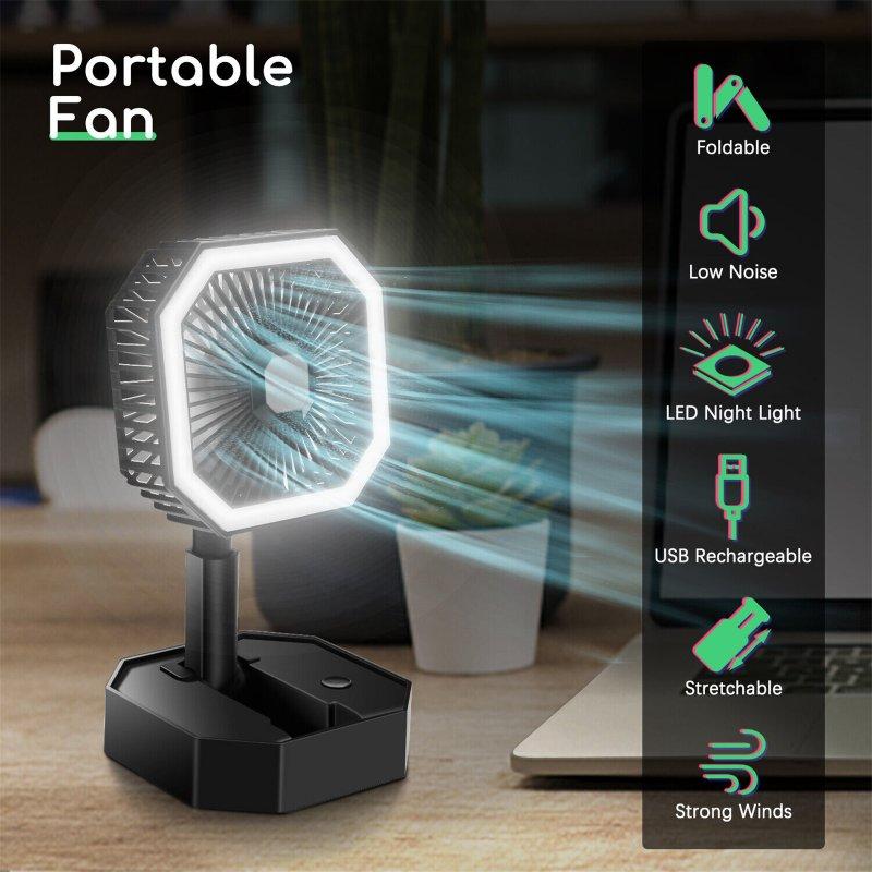 LED Night Lights |   Wholesale 2 In 1 Mini Cooling Fan With Led Light Portable Foldable Adjustable Height Angle Usb Rechargeable Air Cooler Fan black LED Lighting Black