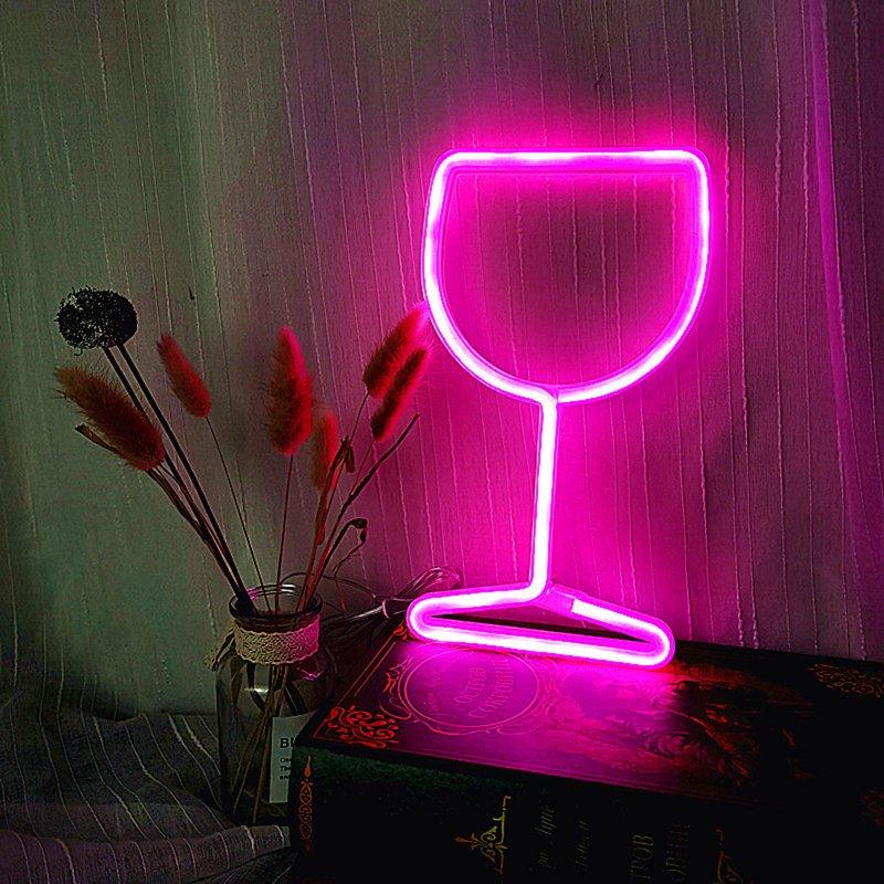 LED Night Lights |   Wholesale Wine Glass Neon Signs, USB Or Battery Powered LED Goblet Neon Light, KTV Bar Festival Atmosphere Lamp, Bedroom Wall Decoration, Wedding Supplies Birthday Gifts pink LED Lighting LED Night Lights