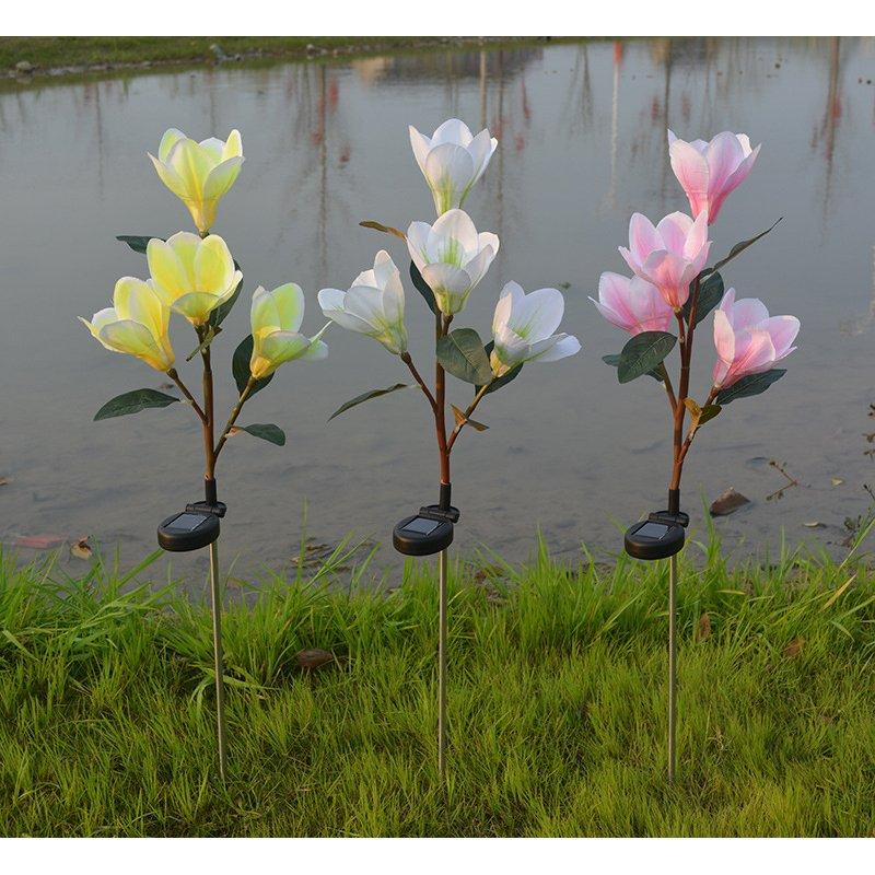 Solar Lights |   Wholesale Solar Powered Light Magnolia Flower Shape 4 LEDS Garden Lighting Outdoor Landscape Light yellow color white light LED Lighting Solar Lights