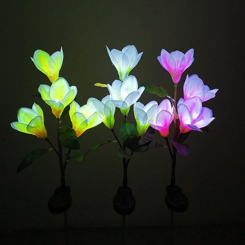 Solar Lights |   Wholesale Solar Powered Light Magnolia Flower Shape 4 LEDS Garden Lighting Outdoor Landscape Light yellow color white light LED Lighting Solar Lights