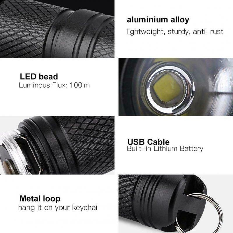 LED Flashlights |   Wholesale Aluminum Alloy Rechargeable Mini  Flashlight, 100 Lumens Usb Powered Keychain Torch Light, Outdoor Emergency Lighting Lamp Black LED Flashlights Black