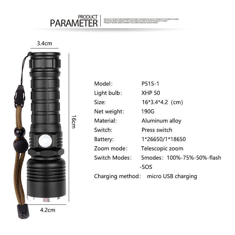 LED Flashlights |   Wholesale LED Portable Outdoor Camping Flashlight with Low Power Reminder Function black_Model P515-1 LED Flashlights Black + Model P515-1