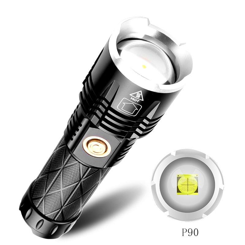 LED Flashlights |   Wholesale XHP 90 LED Flashlight Waterproof Zoom Torch USB Charging Camping Lamp black_Model 1619 LED Flashlights Black + Model 1619