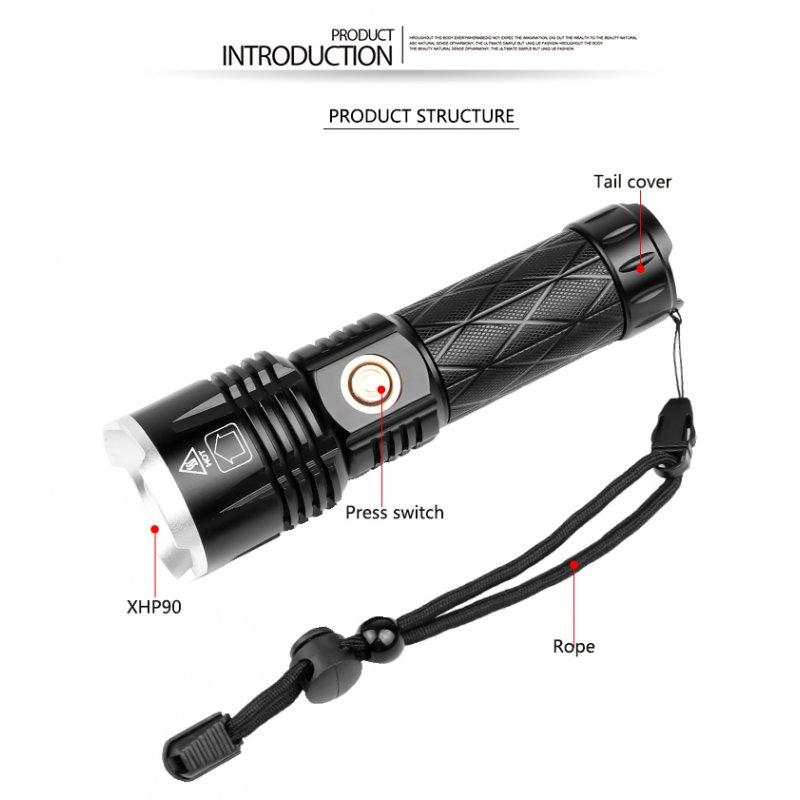 LED Flashlights |   Wholesale XHP 90 LED Flashlight Waterproof Zoom Torch USB Charging Camping Lamp black_Model 1619 LED Flashlights Black + Model 1619