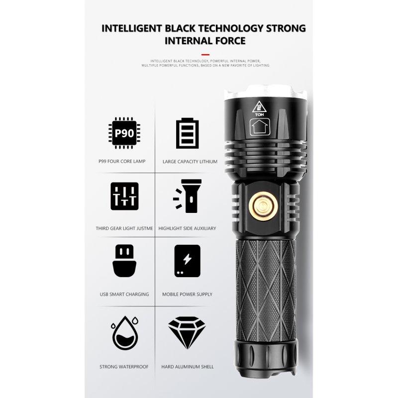 LED Flashlights |   Wholesale XHP 90 LED Flashlight Waterproof Zoom Torch USB Charging Camping Lamp black_Model 1619 LED Flashlights Black + Model 1619