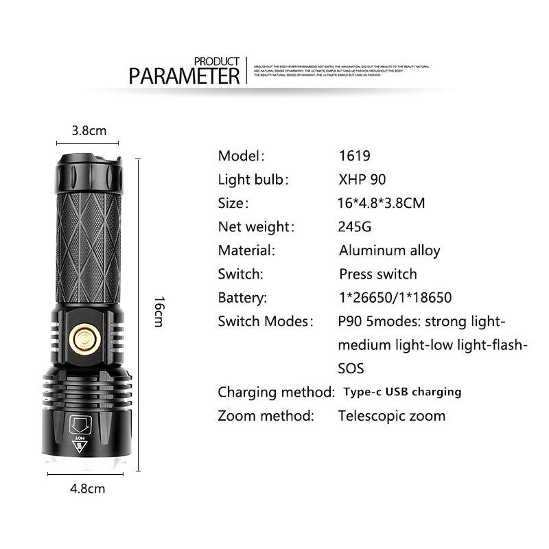 LED Flashlights |   Wholesale XHP 90 LED Flashlight Waterproof Zoom Torch USB Charging Camping Lamp black_Model 1619 LED Flashlights Black + Model 1619