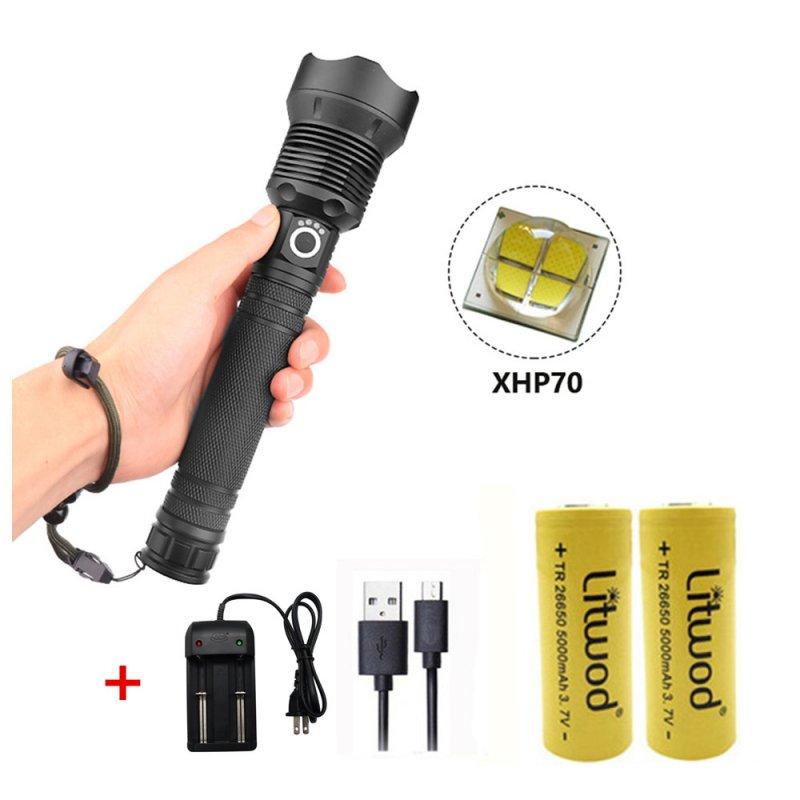 LED Flashlights |   Wholesale XHP70 Zoomable Focus LED Flashlight High Brightness Battery Display Torch with 2 Batteries Charger 2×26650 battery LED Flashlights 2x26650 battery + 2 batteries + charger