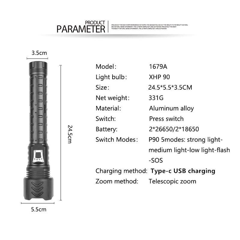 LED Flashlights |   Wholesale XHP90 LED Flashlight Waterproof Zoom Torch USB Charging Camping Lamp 1679A LED Flashlights 1679A + Long