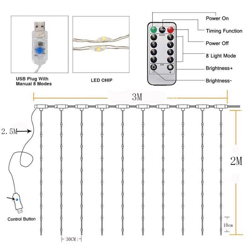 LED Strip Lights |   Wholesale 3*2 Meters Curtain Lights 8 mode USB Remote Control Copper Wire Decorative Curtain Lights Fairy Lights LED Lights String White LED Lighting LED Strip Lights