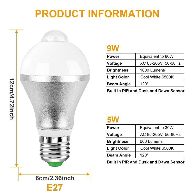 Smart Lighting |   Wholesale E27 Light Bulb Energy Saving Pir Infrared Sensor Auto On/off Dusk to Dawn Lamps 3000k Warm White 9W LED Lighting 3000K (warm white) 9w