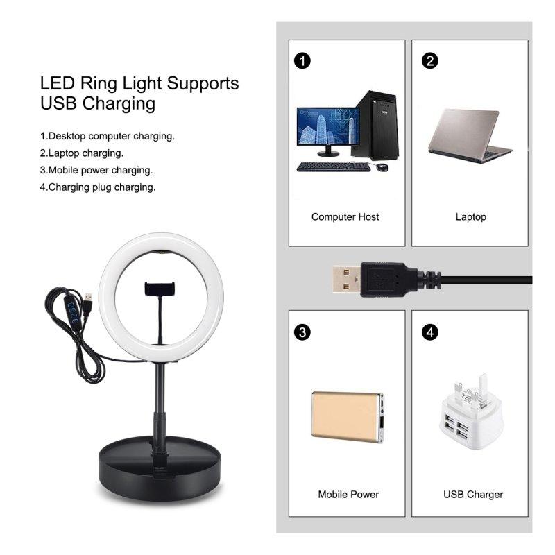 LED Night Lights |   Wholesale 26cm Dimmable LED Ring Light With Round Base Bracket Selfie Phone Clip Flashes black LED Lighting Black